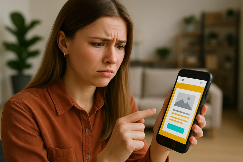 Frustrated woman viewing poorly displayed website on smartphone