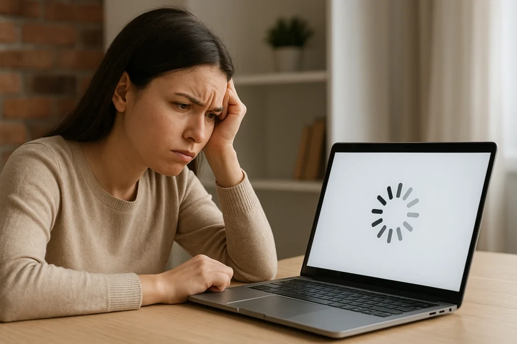Frustrated woman waiting for slow website to load