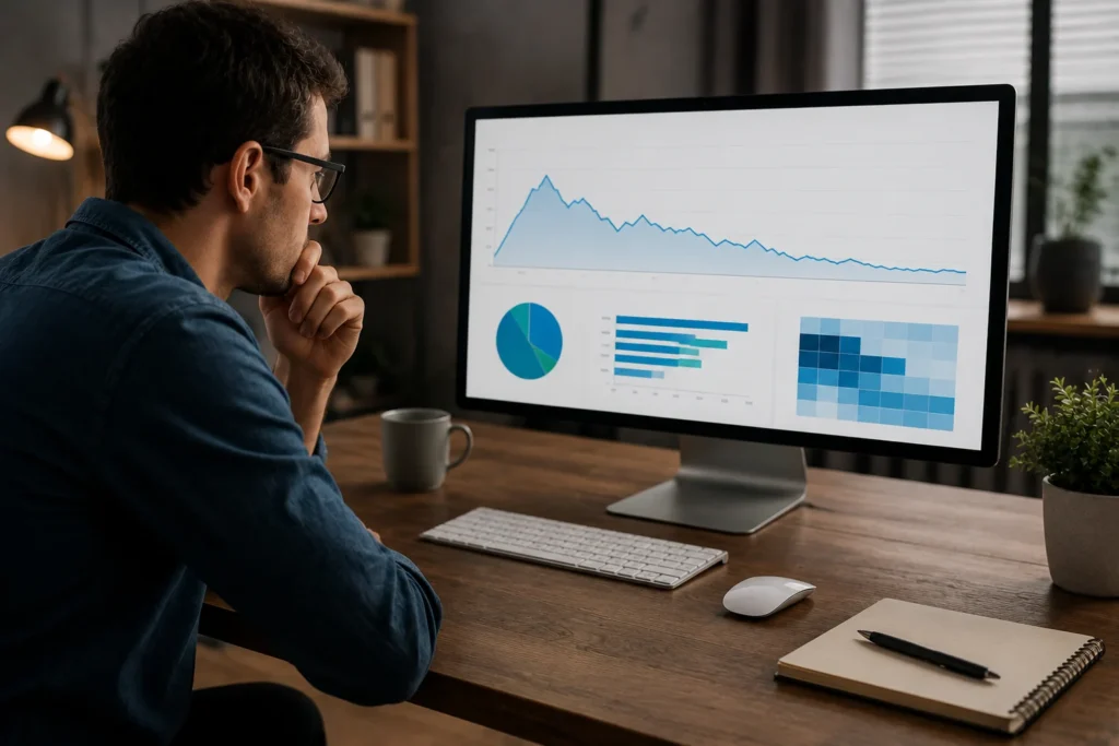 Website owners analyzing website metrics